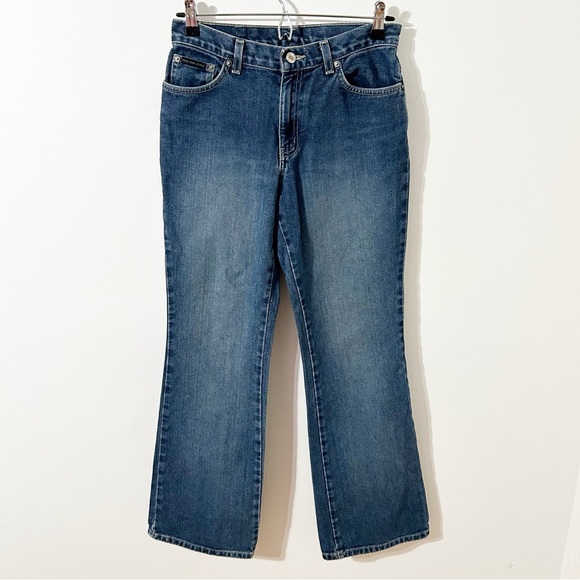 New York and Company Denim Jeans Medium Rise Flare with Leather Patch Fading 🟦👖 - Picture 1 of 12